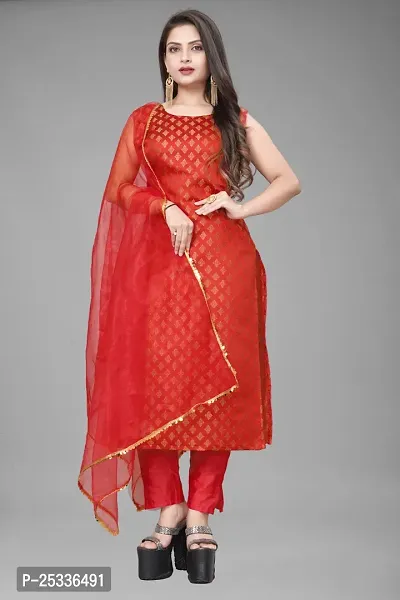 A-Line Red Woven Design Jacquard kurta Set