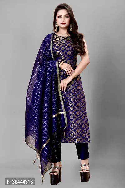 Stylish Navy Blue Jacquard Kurta, Bottom And Dupatta Set For Women