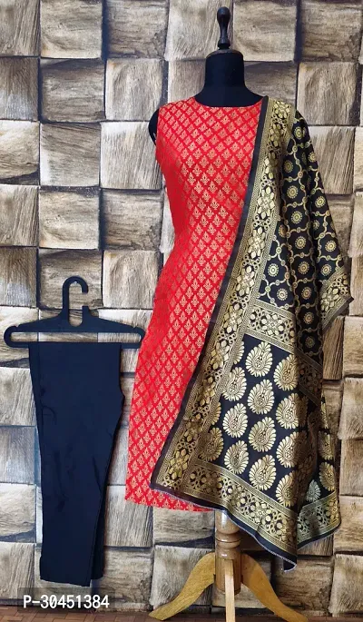 Elegant Red Woven Design Jacquard A-Line Kurta Pant With Dupatta For Women