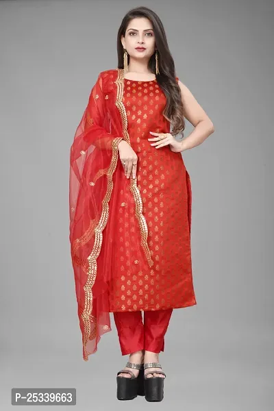 A-Line Red Woven Design Jacquard kurta Set