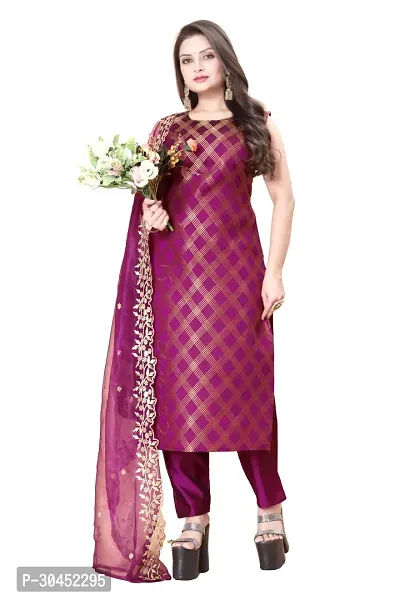 Elegant Purple Woven Design Jacquard A-Line Kurta Pant With Dupatta For Women-thumb0