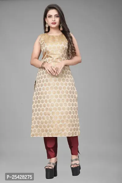 A-Line Beige Woven Design Jacquard Kurti-thumb0