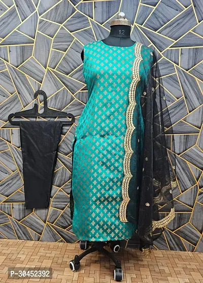 Elegant Teal Woven Design Jacquard Kurta Pant With Dupatta For Women