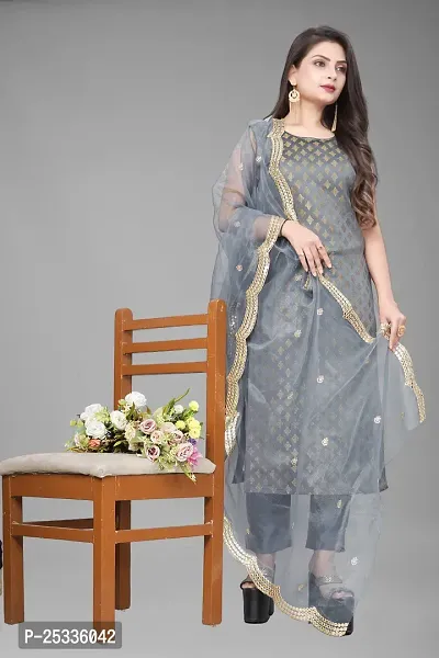 A-Line Grey Woven Design Jacquard kurta Set-thumb0