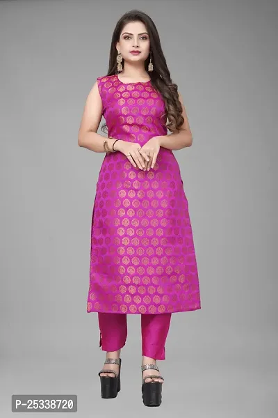 A-Line Pink Woven Design Jacquard kurta Set-thumb2