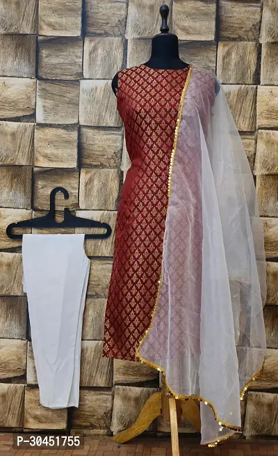 Stylish Maroon Jacquard Kurta, Bottom And Dupatta Set For Women-thumb0