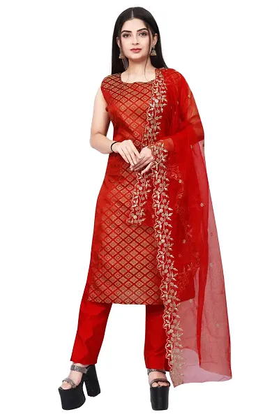 Stylish Jacquard Kurta And Pant With Dupatta Set For Women