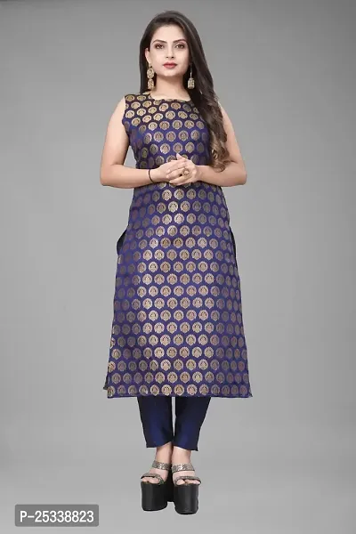 A-Line Navy Blue Woven Design Jacquard kurta Set-thumb2