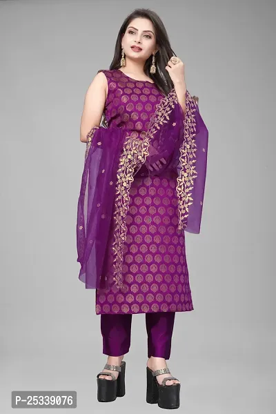 A-Line Purple Woven Design Jacquard kurta Set