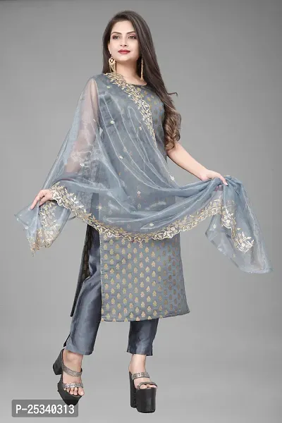 A-Line Grey Woven Design Jacquard kurta Set-thumb0