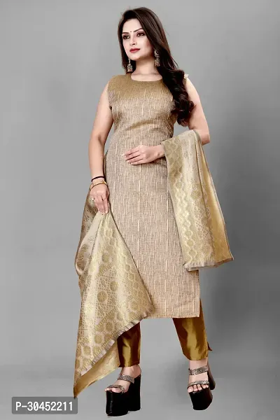 Elegant Beige Woven Design Jacquard Kurta Pant With Dupatta For Women-thumb0