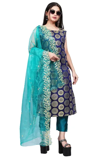 Stylish Fancy Jacquard Unstitched Dress Material Top With Bottom And Dupatta Set For Women