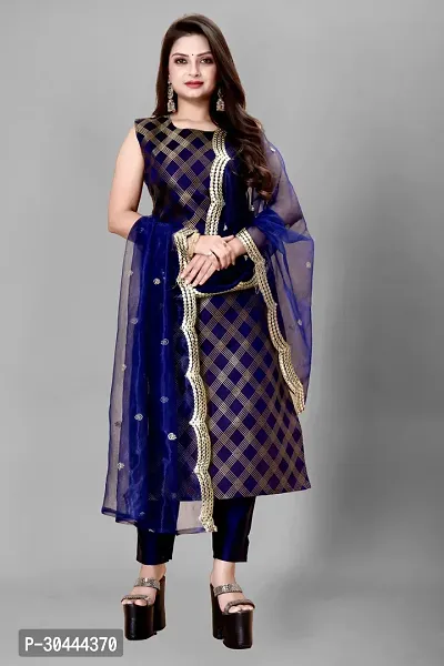 Stylish Navy Blue Jacquard Kurta, Bottom And Dupatta Set For Women