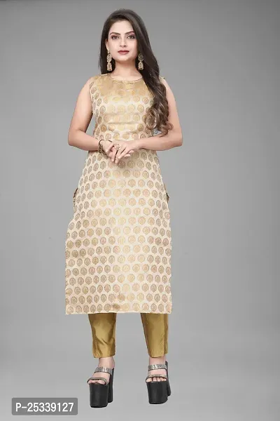 A-Line Beige Woven Design Jacquard kurta Set-thumb2