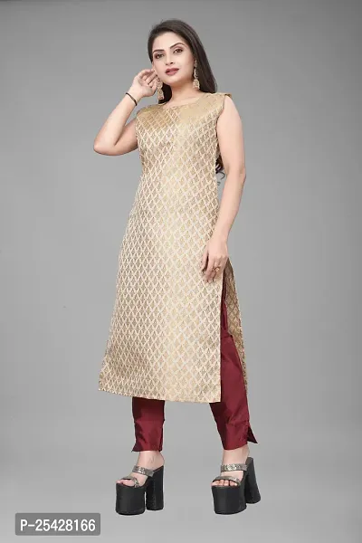 A-Line Beige Woven Design Jacquard Kurti-thumb0