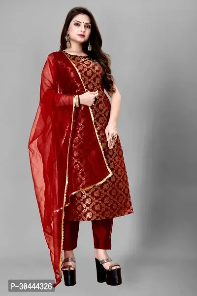 Stylish Maroon Jacquard Kurta, Bottom And Dupatta Set For Women