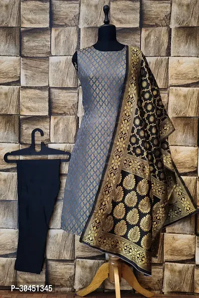 Elegant Grey Woven Design Jacquard A-Line Kurta Pant With Dupatta For Women