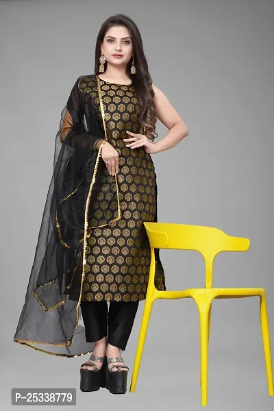 A-Line Black Woven Design Jacquard kurta Set-thumb0