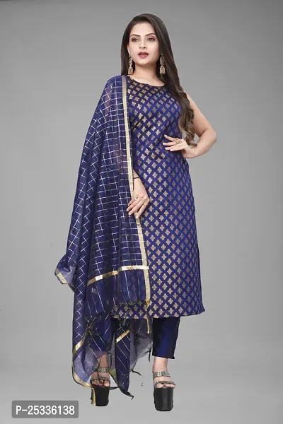 A-Line Navy Blue Woven Design Jacquard kurta Set-thumb0