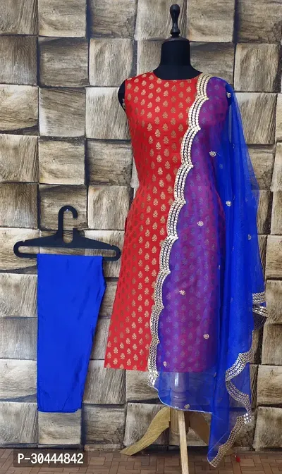 Stylish Red Jacquard Kurta, Bottom And Dupatta Set For Women