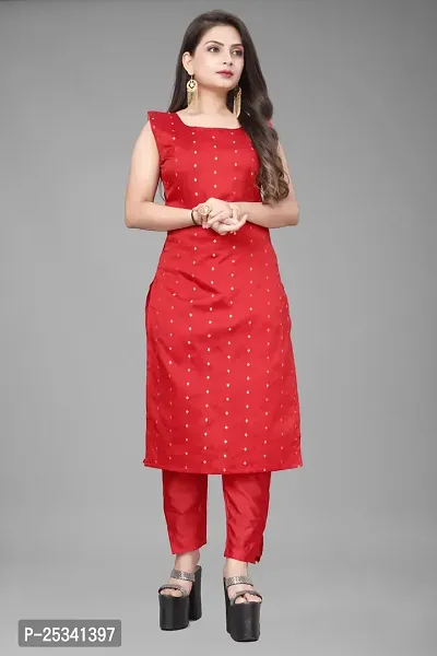 A-Line Red Woven Design Jacquard kurta Set-thumb2