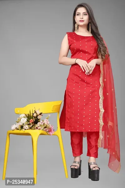 A-Line Red Woven Design Jacquard kurta Set-thumb0