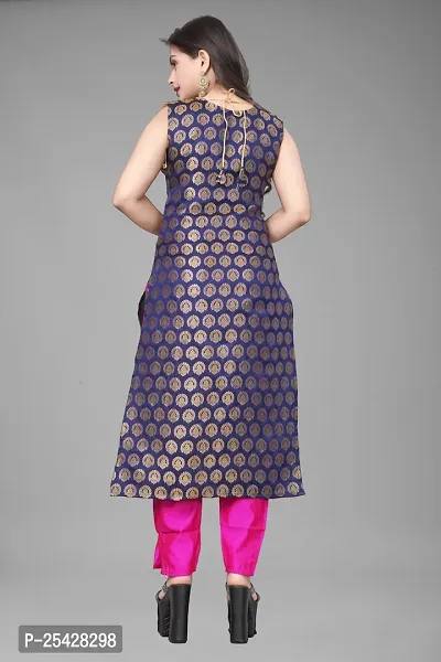 A-Line Navy Blue Woven Design Jacquard Kurti-thumb3