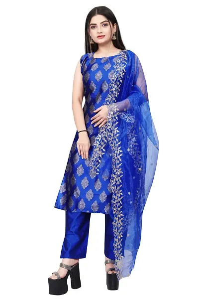 Stylish Fancy Jacquard Unstitched Dress Material Top With Bottom And Dupatta Set For Women