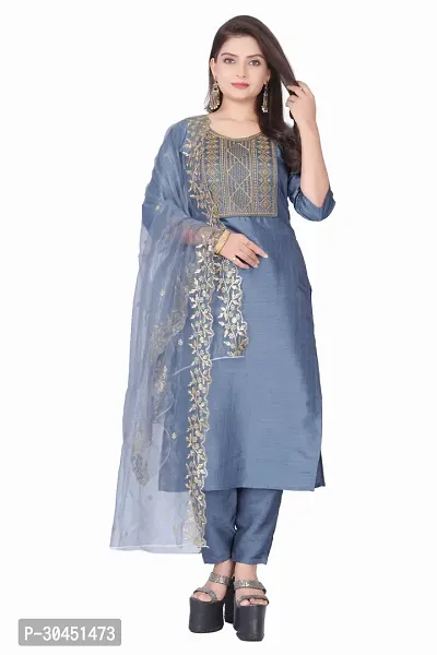 Stylish Grey Silk Kurta, Bottom And Dupatta Set For Women