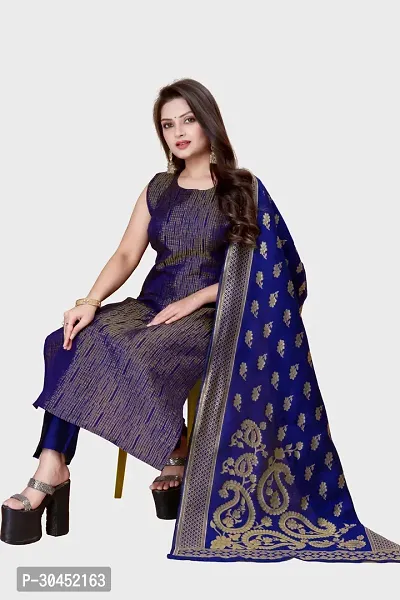 Elegant Navy Blue Woven Design Jacquard Kurta Pant With Dupatta For Women-thumb0