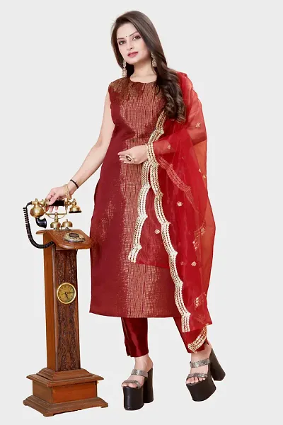 Stylish Jacquard A-Line Kurta With Bottom With Dupatta Set