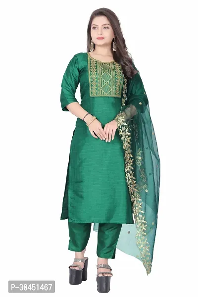 Stylish Green Silk Kurta, Bottom And Dupatta Set For Women