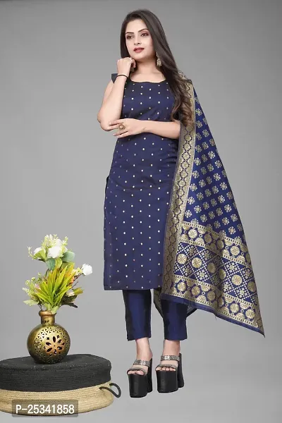 A-Line Navy Blue Woven Design Jacquard kurta Set-thumb0