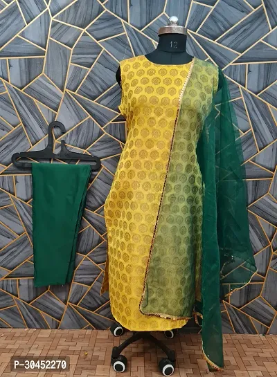 Elegant Yellow Woven Design Jacquard Kurta Pant With Dupatta For Women