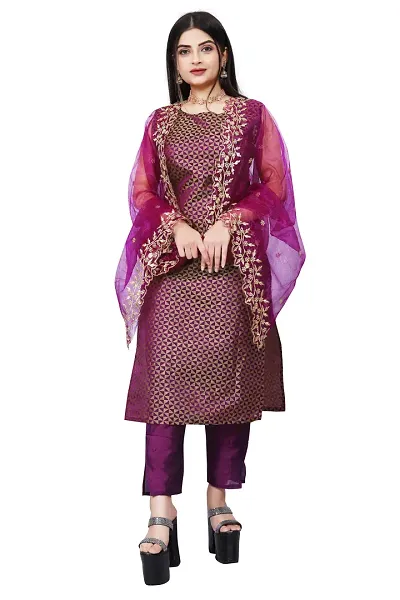 Stylish Jacquard Kurta And Pant With Dupatta Set For Women