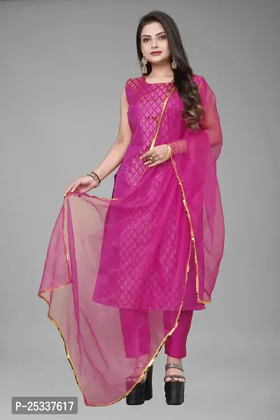 A-Line Pink Woven Design Jacquard kurta Set