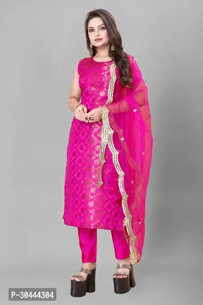 Stylish Pink Jacquard Kurta, Bottom And Dupatta Set For Women-thumb0