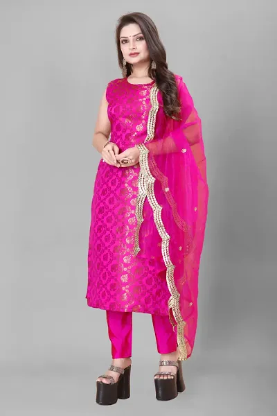 Stylish Jacquard A-Line Kurta With Bottom With Dupatta Set