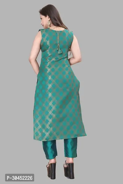 Elegant Teal Woven Design Jacquard A-Line Kurta Pant With Dupatta For Women-thumb3