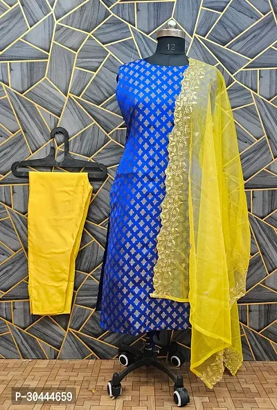 Stylish Blue Jacquard Kurta, Bottom And Dupatta Set For Women