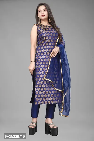 A-Line Navy Blue Woven Design Jacquard kurta Set-thumb0