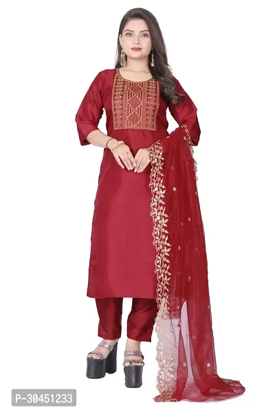 Stylish Maroon Silk Kurta, Bottom And Dupatta Set For Women-thumb0