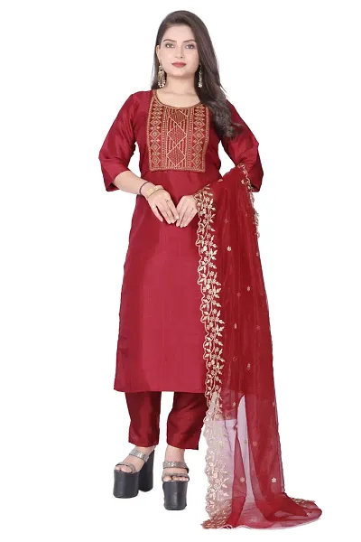 Stylish Silk Kurta, Bottom And Dupatta Set For Women