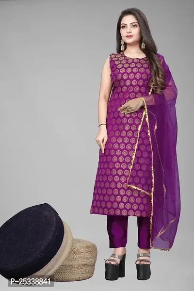 A-Line Purple Woven Design Jacquard kurta Set