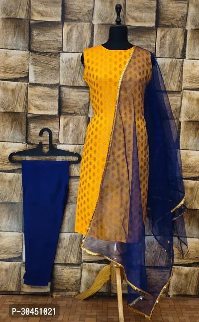 Stylish Yellow Jacquard Kurta, Bottom And Dupatta Set For Women-thumb0