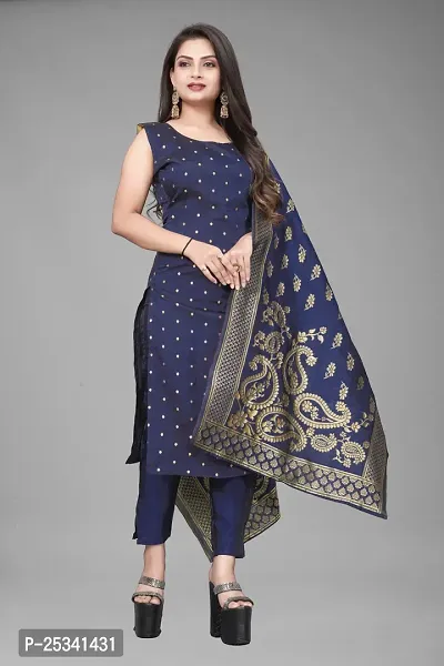 A-Line Navy Blue Woven Design Jacquard kurta Set-thumb0