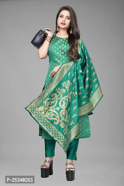 A-Line Teal Woven Design Jacquard kurta Set