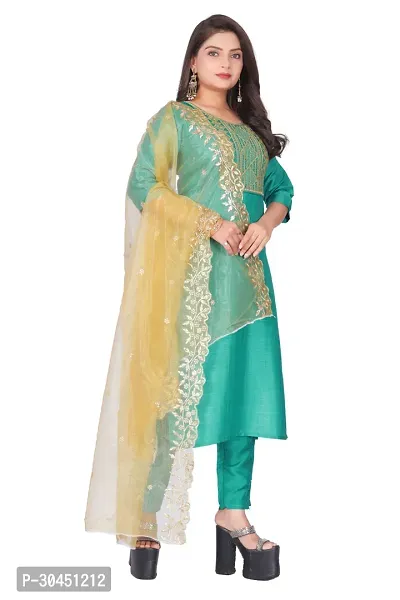 Stylish Green Silk Kurta, Bottom And Dupatta Set For Women-thumb2