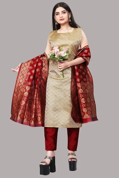 Stylish Jacquard Kurta And Pant With Dupatta Set For Women