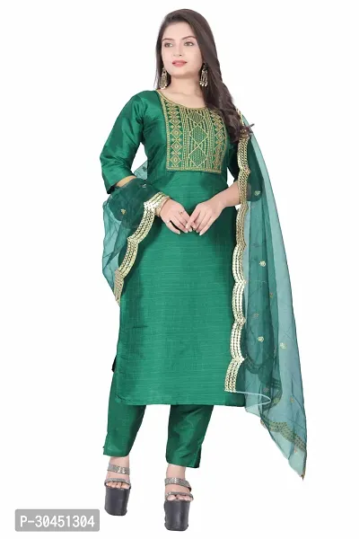 Stylish Green Silk Kurta, Bottom And Dupatta Set For Women-thumb0